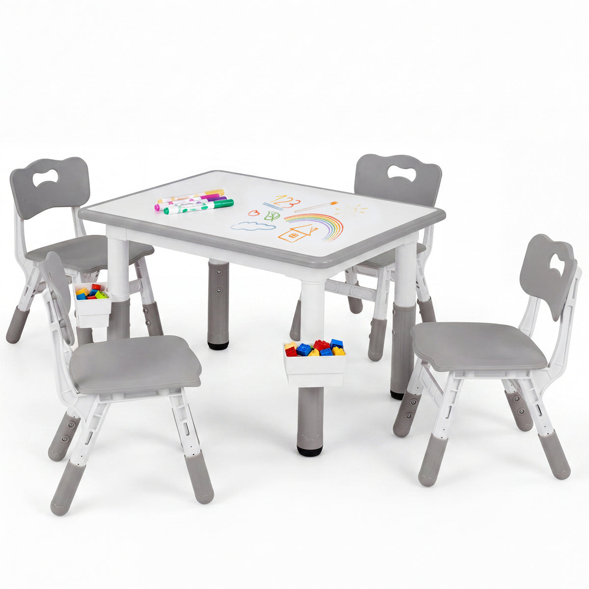 Height Adjustable Kids Table and 4 Chairs Set with Graffiti Desktop and 2 Storage Baskets