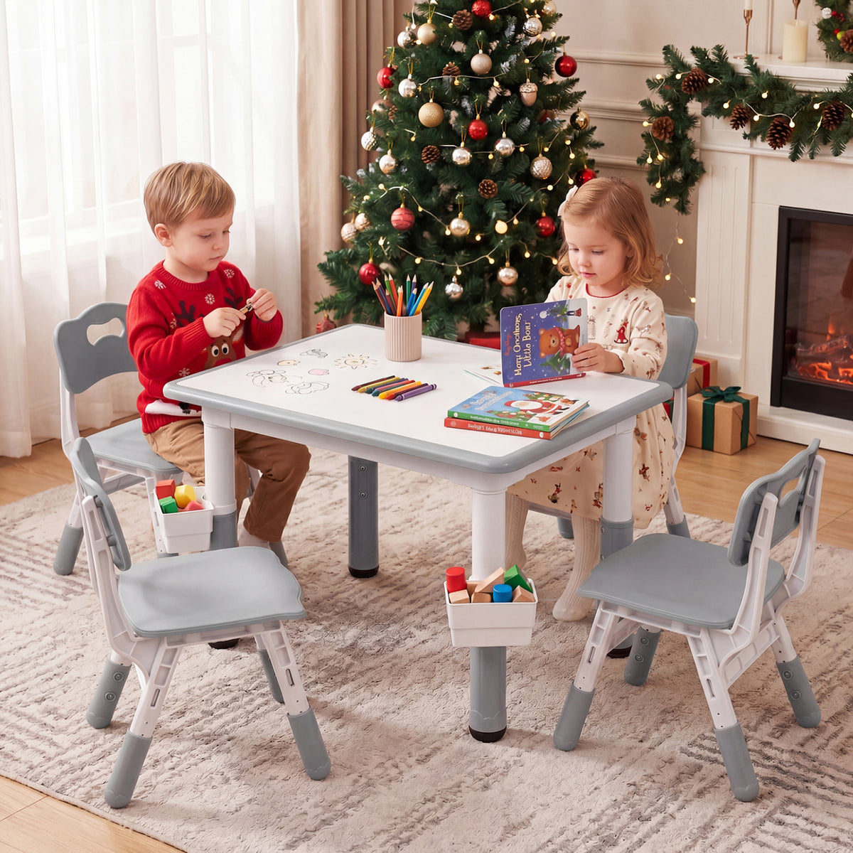 Height Adjustable Kids Table and 4 Chairs Set with Graffiti Desktop and 2 Storage Baskets