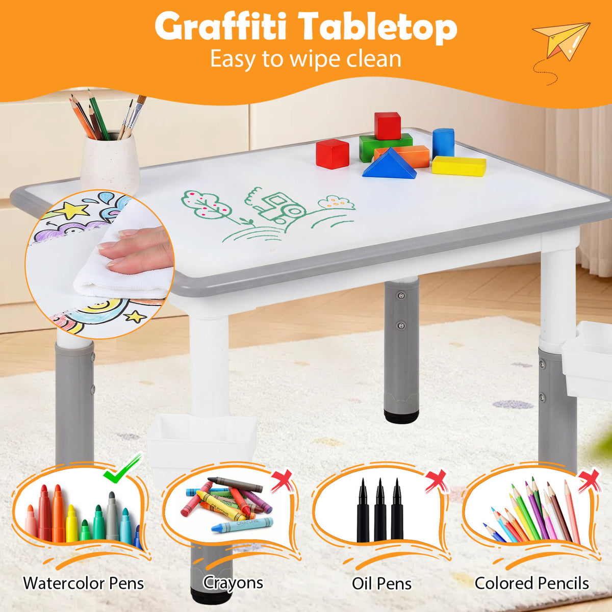 Height Adjustable Kids Table and 4 Chairs Set with Graffiti Desktop and 2 Storage Baskets