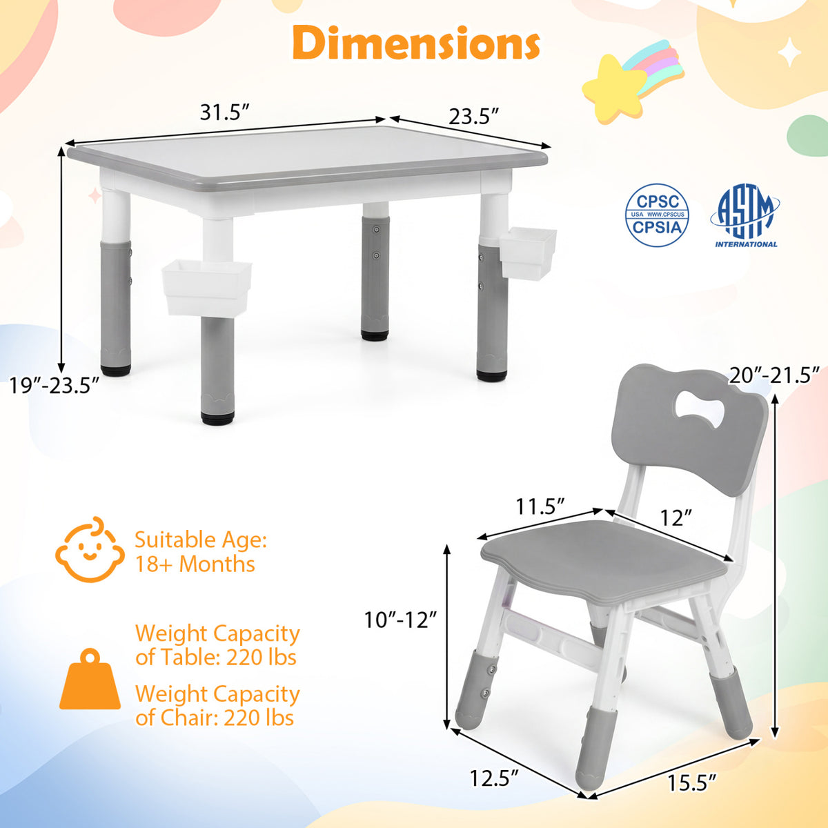 Height Adjustable Kids Table and 4 Chairs Set with Graffiti Desktop and 2 Storage Baskets