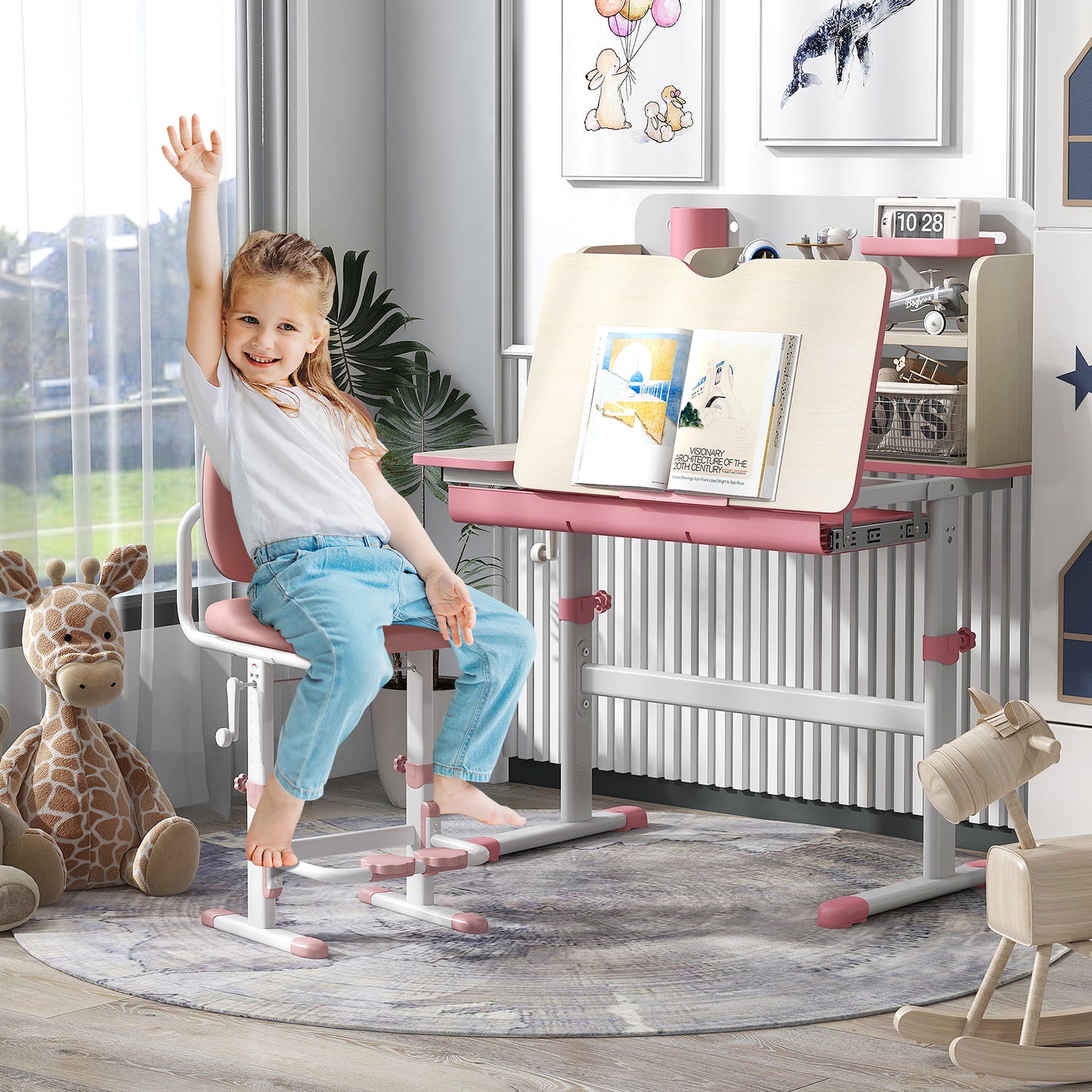 Height Adjustable Kids Study Desk with Tilt Desktop for 3-12 Years Old