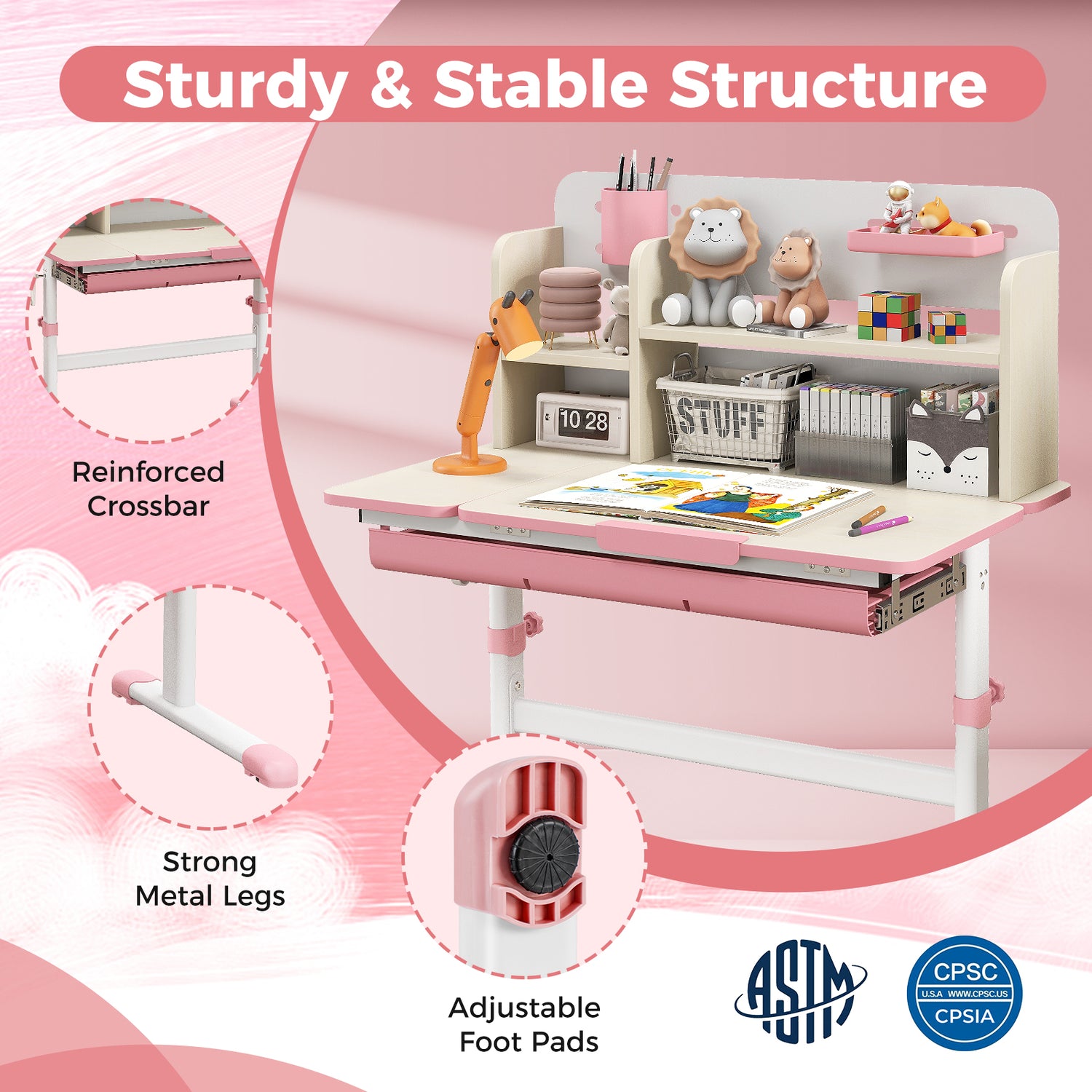 Height Adjustable Kids Study Desk with Tilt Desktop for 3-12 Years Old