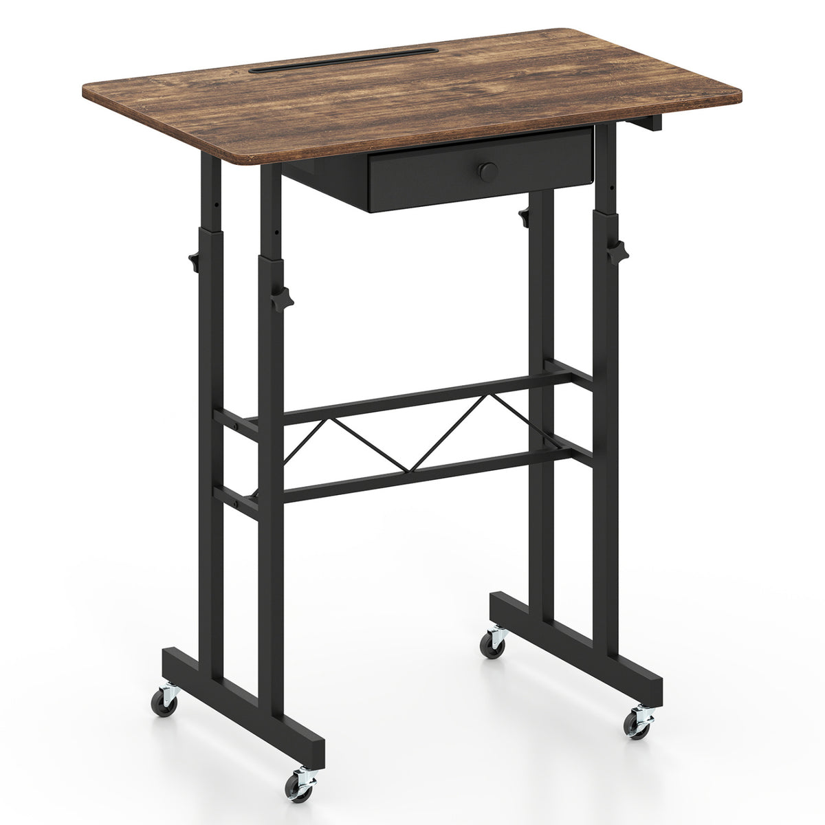 Height Adjustable Laptop Desk with Fabric Drawer Tablet Holder and Lockable Wheels