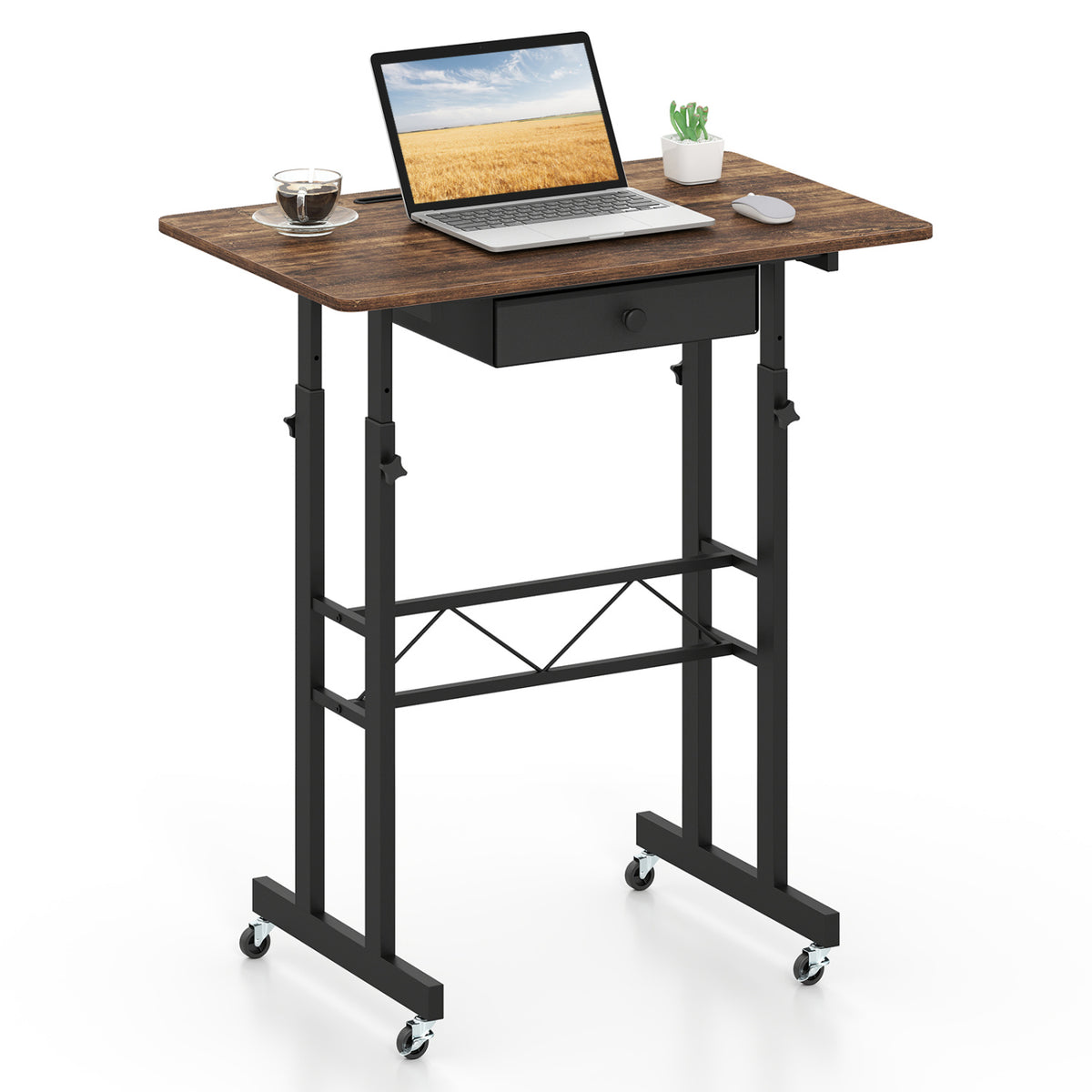 Height Adjustable Laptop Desk with Fabric Drawer Tablet Holder and Lockable Wheels