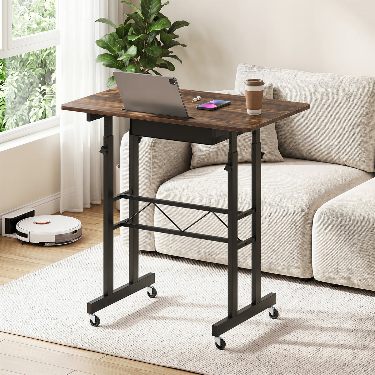 Height Adjustable Laptop Desk with Fabric Drawer Tablet Holder and Lockable Wheels