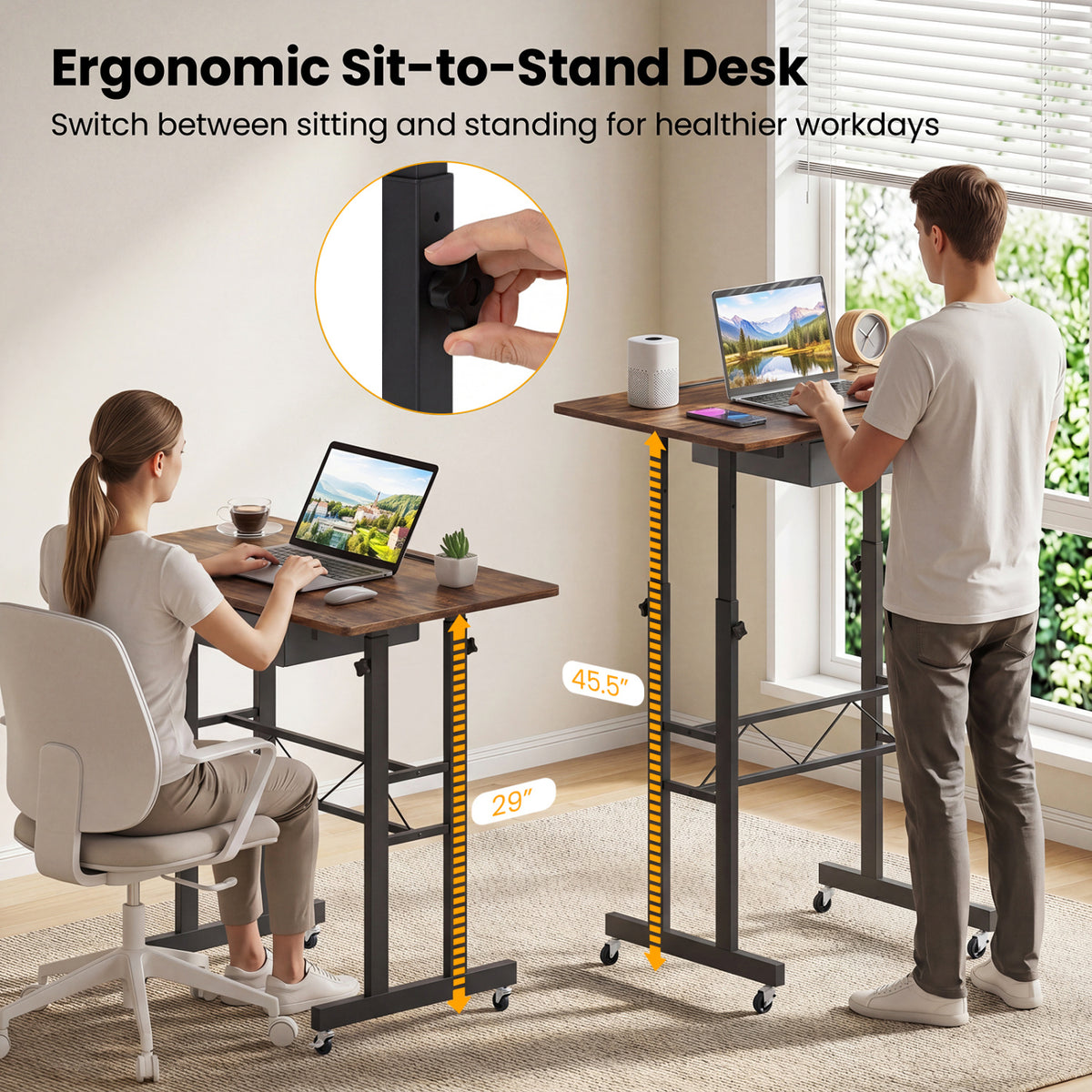 Height Adjustable Laptop Desk with Fabric Drawer Tablet Holder and Lockable Wheels