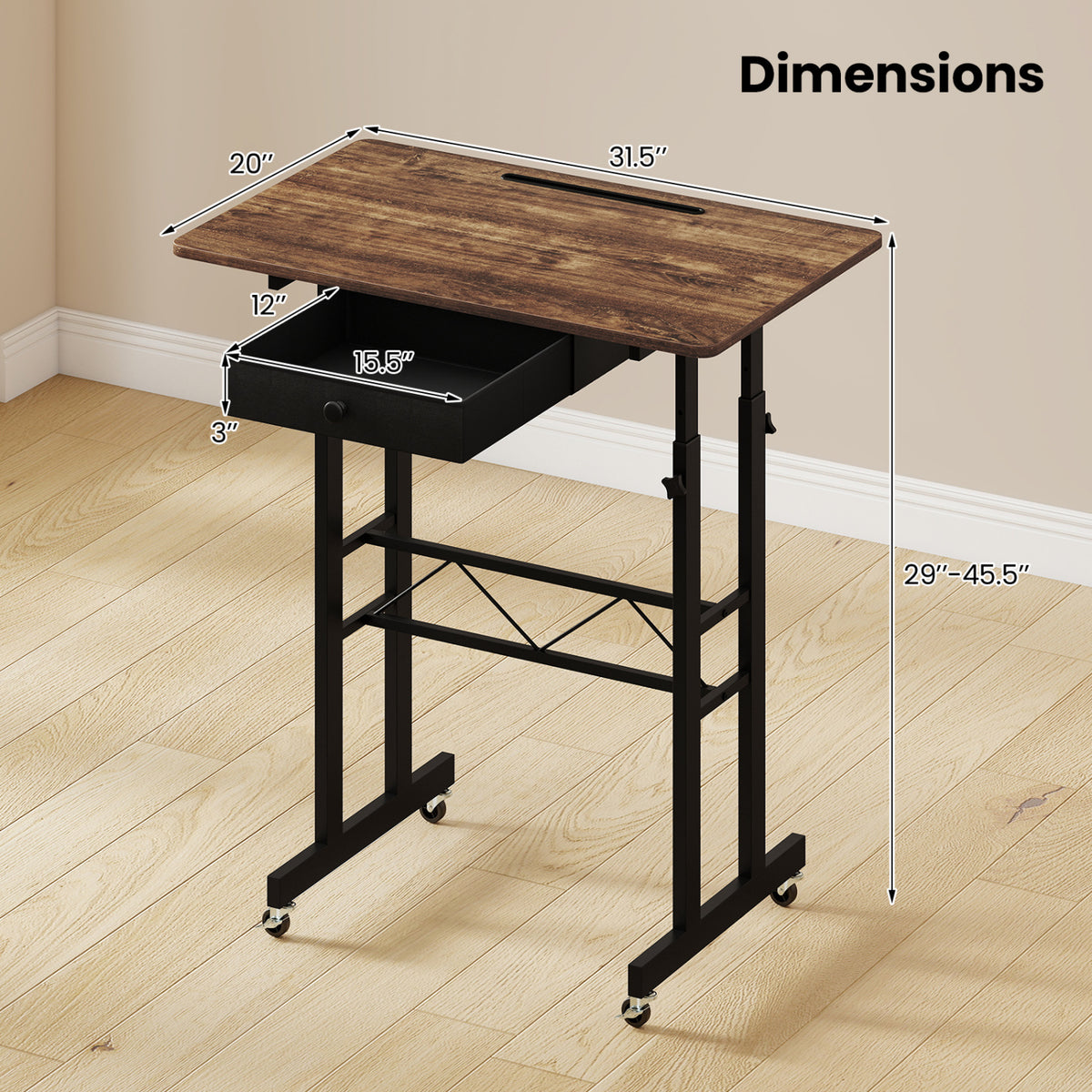 Height Adjustable Laptop Desk with Fabric Drawer Tablet Holder and Lockable Wheels