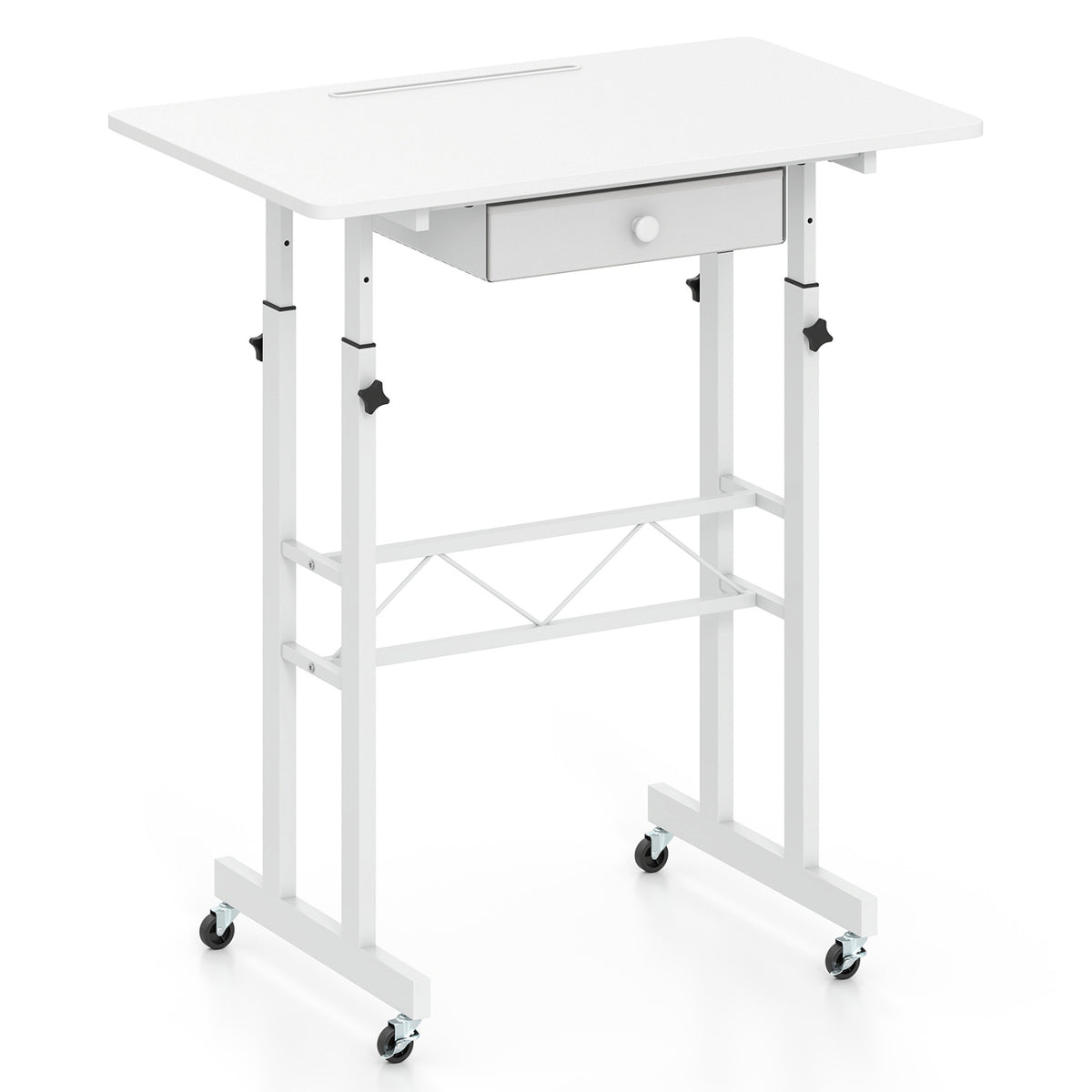 Height Adjustable Laptop Desk with Fabric Drawer Tablet Holder and Lockable Wheels