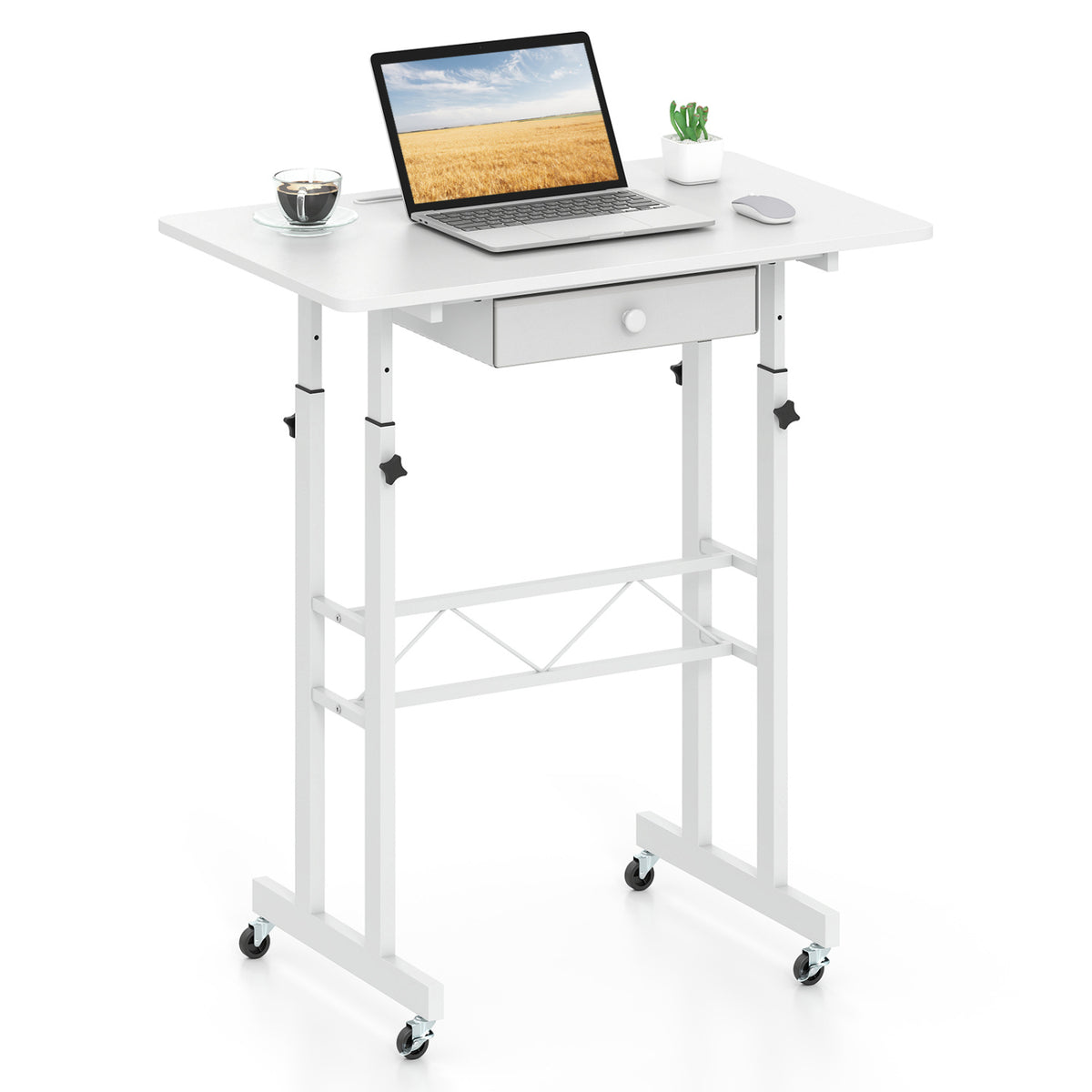 Height Adjustable Laptop Desk with Fabric Drawer Tablet Holder and Lockable Wheels
