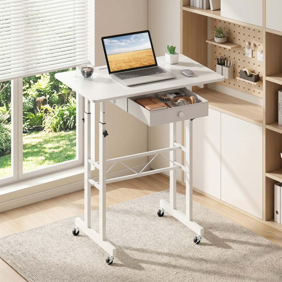 Height Adjustable Laptop Desk with Fabric Drawer Tablet Holder and Lockable Wheels