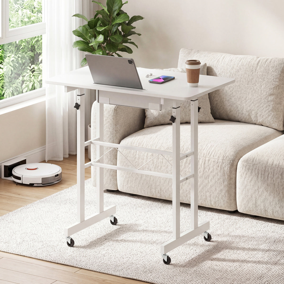 Height Adjustable Laptop Desk with Fabric Drawer Tablet Holder and Lockable Wheels