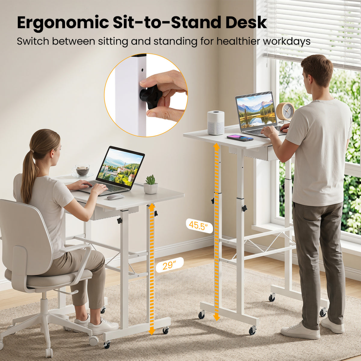 Height Adjustable Laptop Desk with Fabric Drawer Tablet Holder and Lockable Wheels