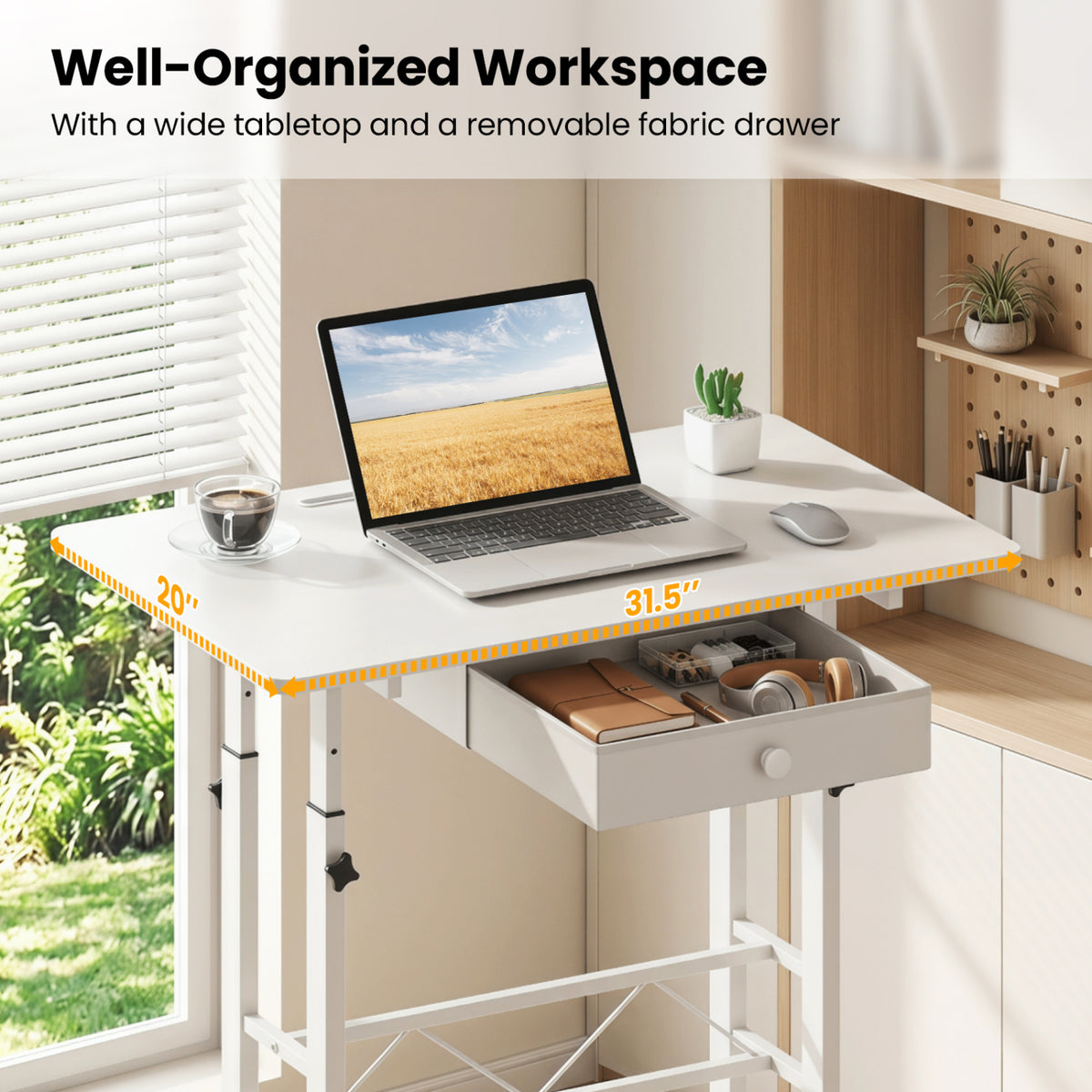 Height Adjustable Laptop Desk with Fabric Drawer Tablet Holder and Lockable Wheels