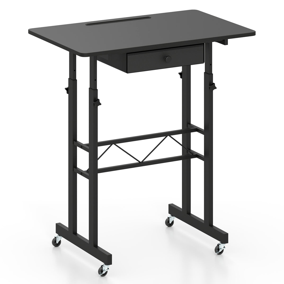 Height Adjustable Laptop Desk with Fabric Drawer Tablet Holder and Lockable Wheels