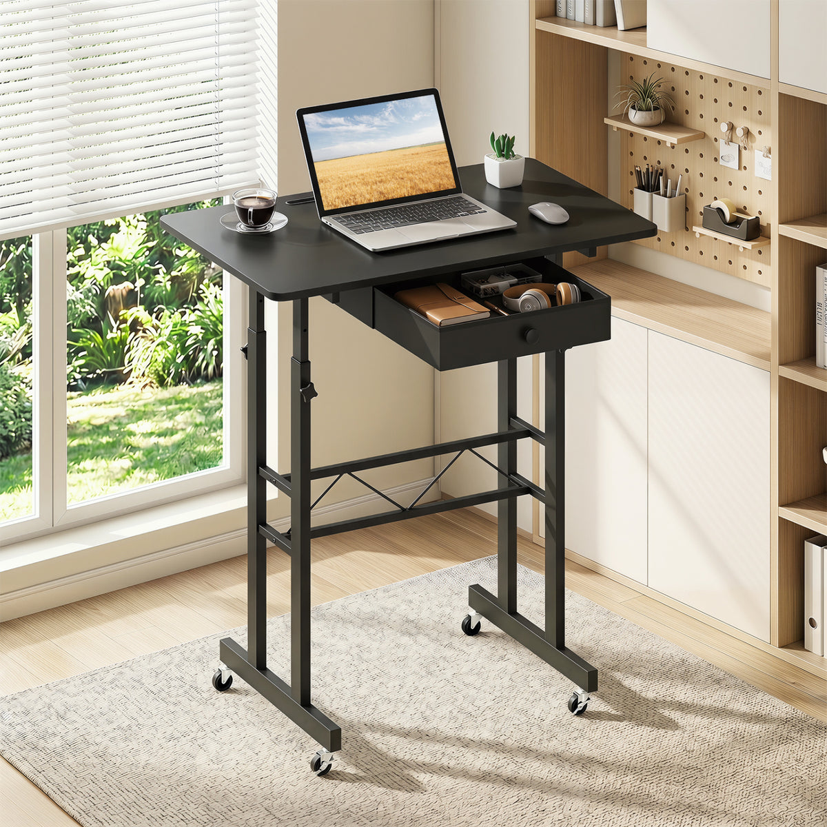 Height Adjustable Laptop Desk with Fabric Drawer Tablet Holder and Lockable Wheels