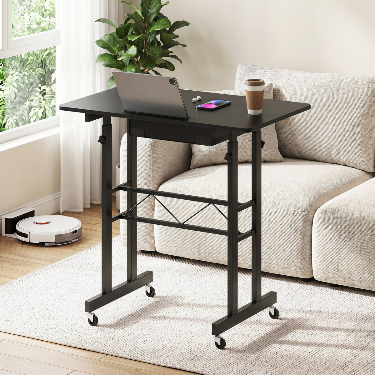 Height Adjustable Laptop Desk with Fabric Drawer Tablet Holder and Lockable Wheels