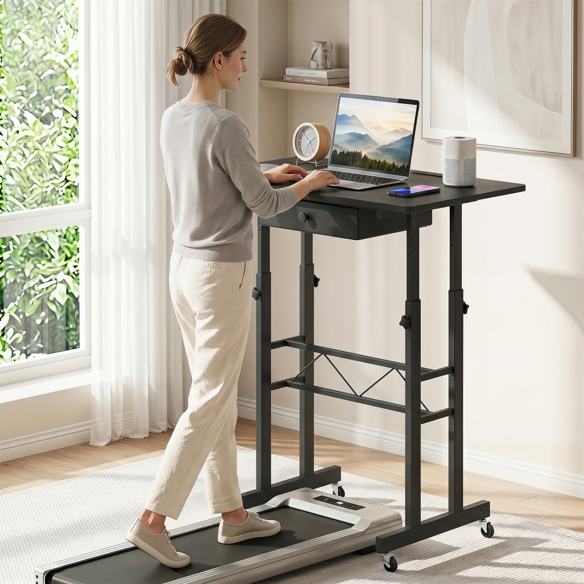 Height Adjustable Laptop Desk with Fabric Drawer Tablet Holder and Lockable Wheels
