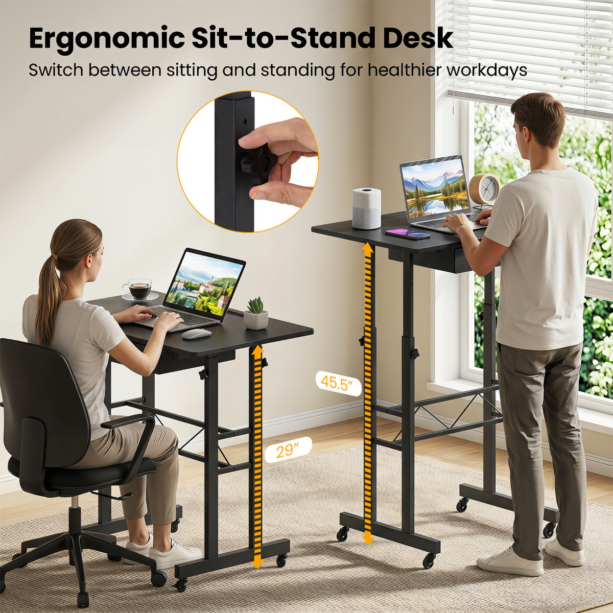 Height Adjustable Laptop Desk with Fabric Drawer Tablet Holder and Lockable Wheels