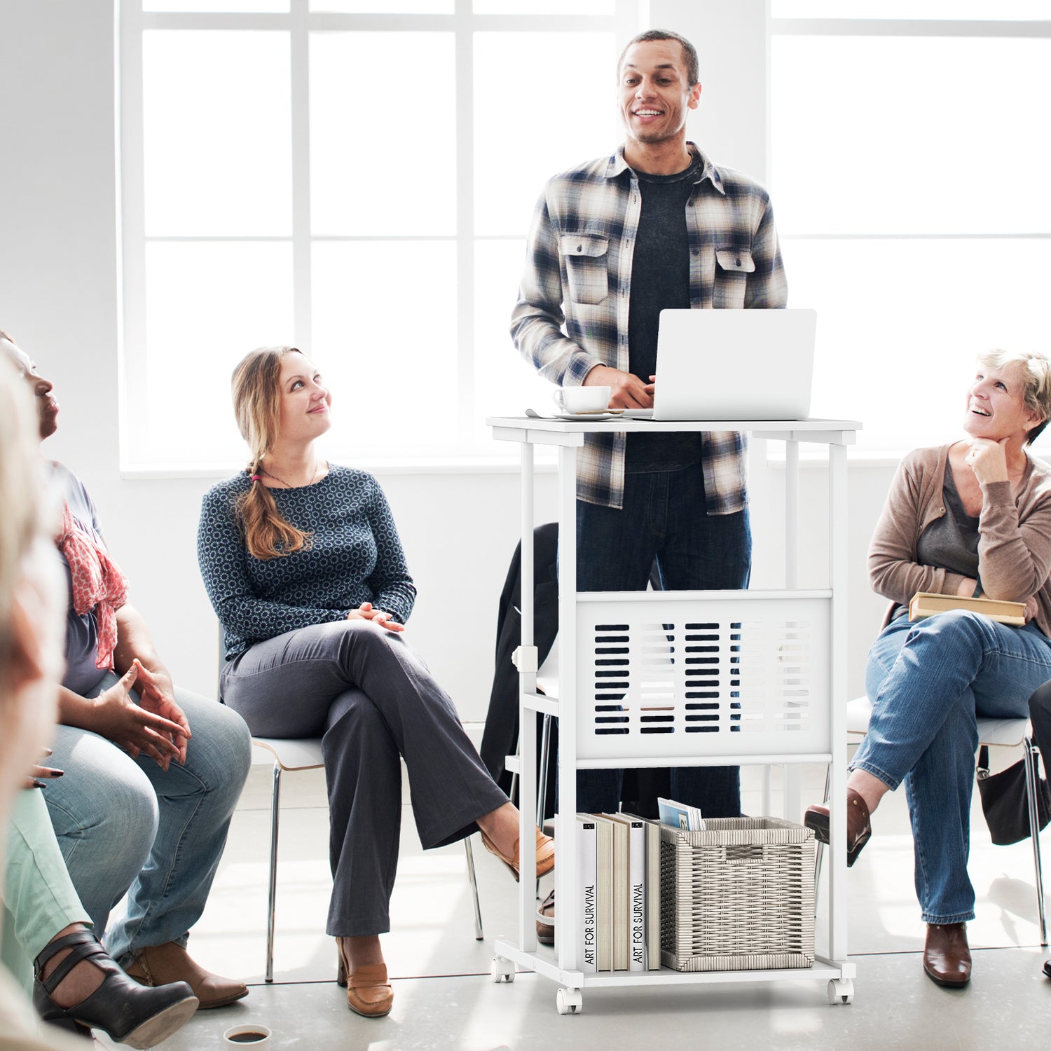 Height Adjustable Mobile Computer Stand-Up Desk with 2 Modes