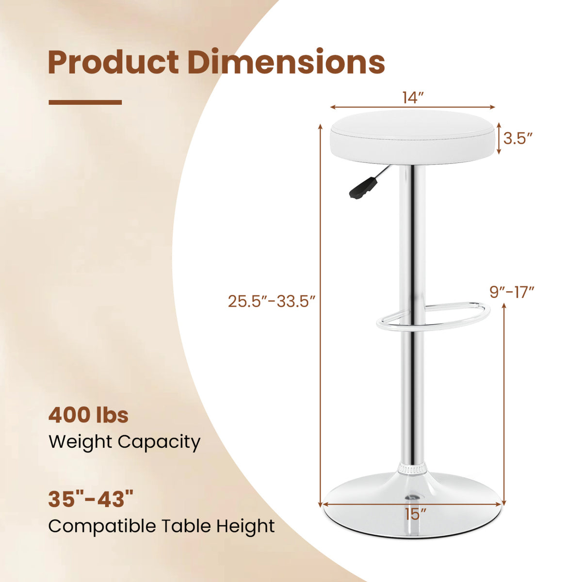 Height-adjustable Bar Stool with 360° Swivel for Kitchen & Dining