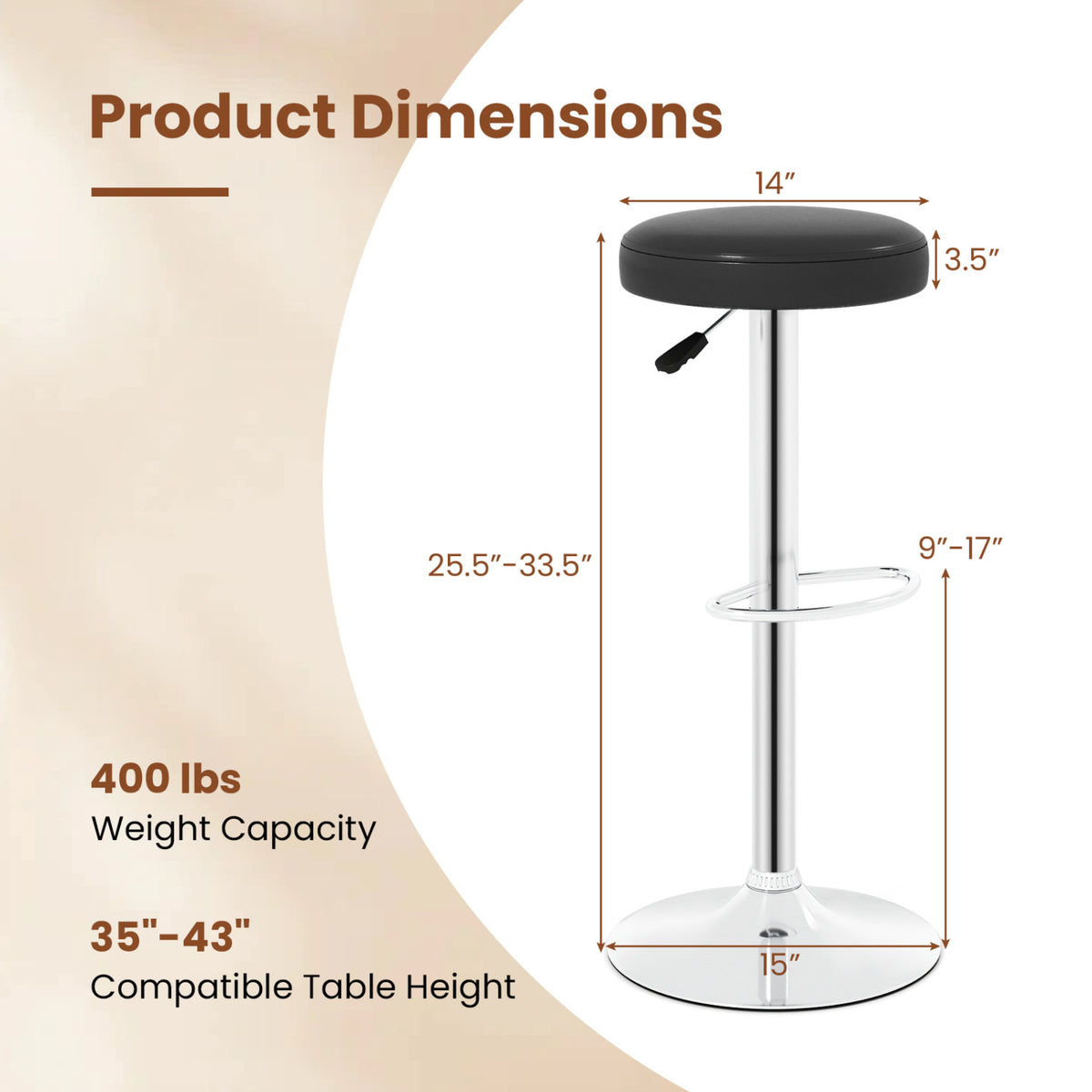 Height-adjustable Bar Stool with 360° Swivel for Kitchen & Dining