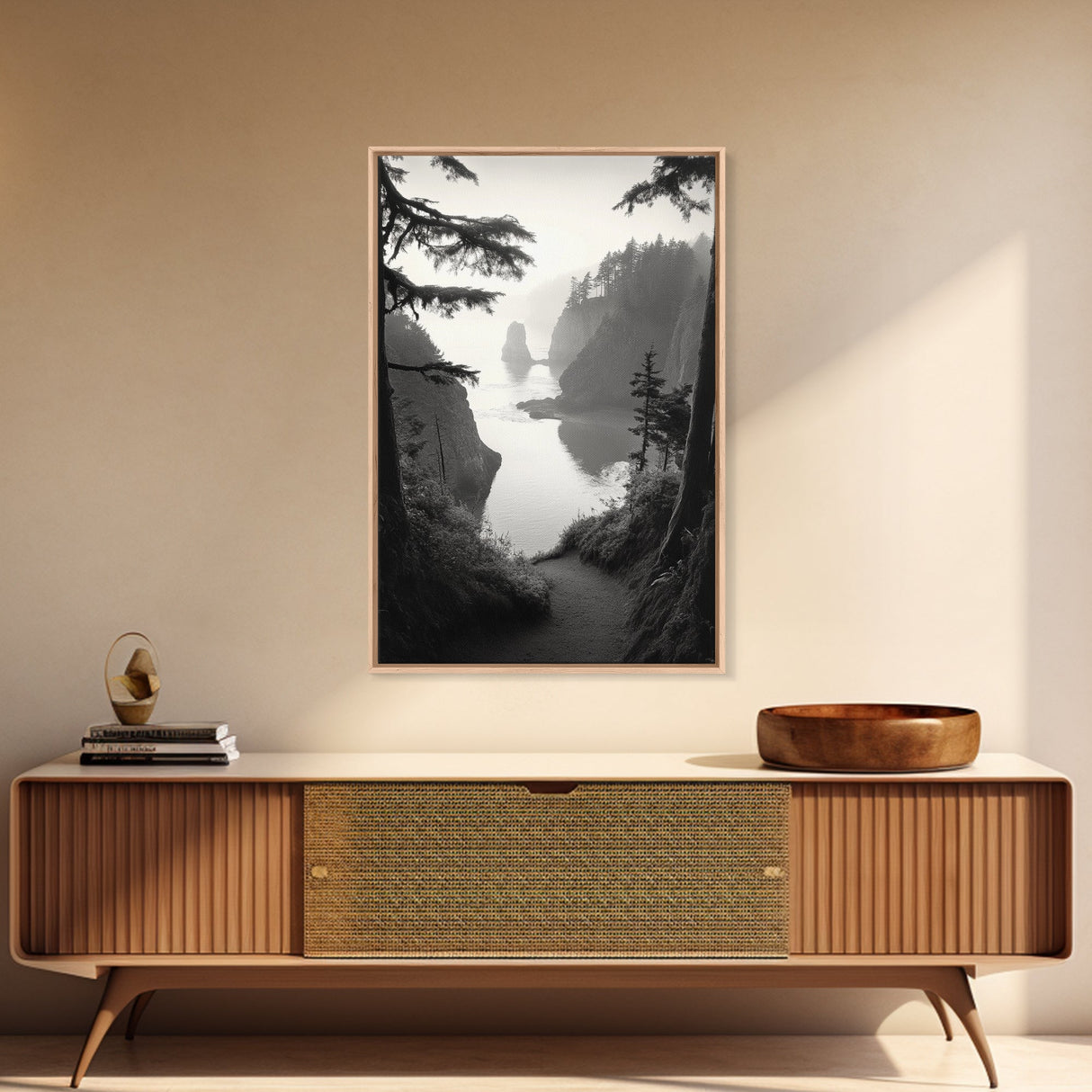 Forest Cliffs, Ocean Pathway, Misty Coast, Woodland Escape, Framed Canvas Print, Cabin Wall Art, Nature Trail Aesthetic, Autumn Mood Art