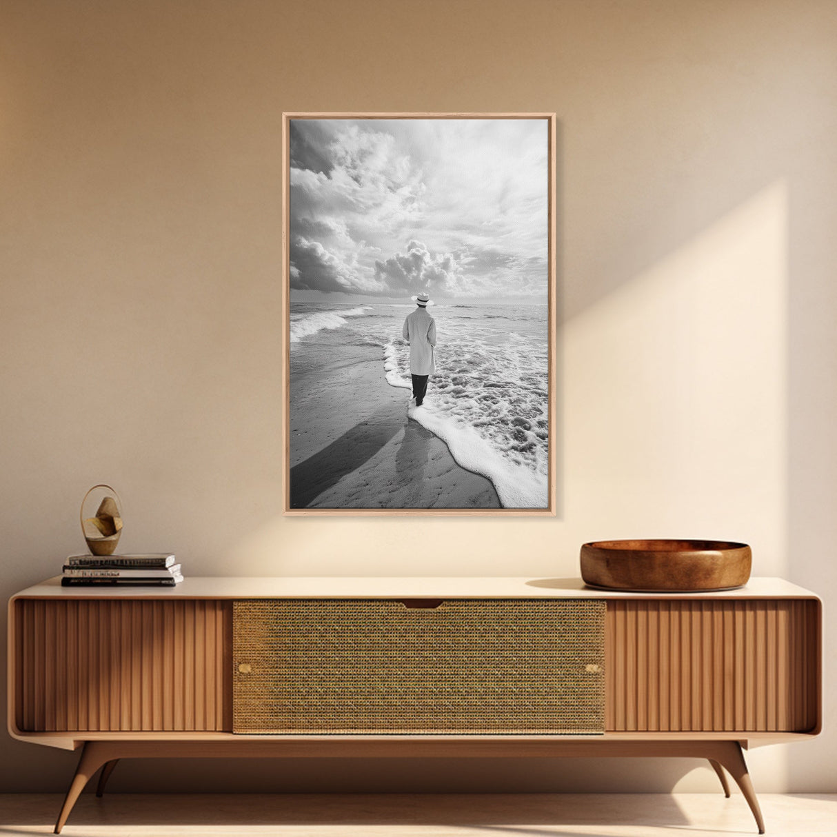 Man On Shore, Thoughtful Walk, Ocean Wanderer, Framed Canvas Print, Minimalist Fall Art, Bedroom Decor, Moody Coastal Scene