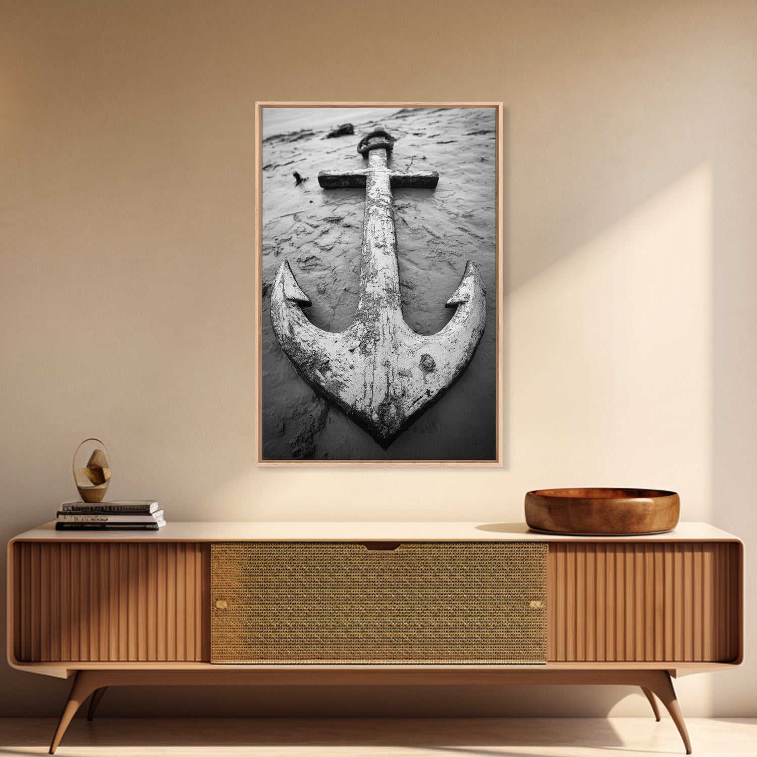 Abandoned Anchor, Nautical Decor, Black White Beach, Framed Canvas Print, Rustic Coastal Wall Art, Entryway Nautical Accent