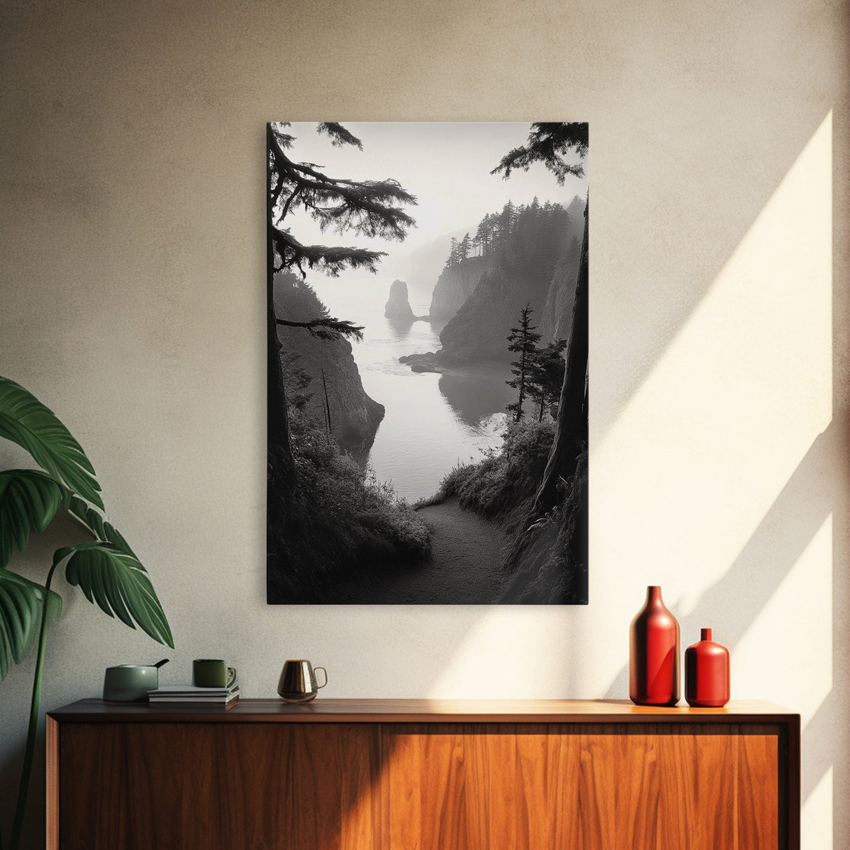 Forest Cliffs, Ocean Pathway, Misty Coast, Woodland Escape, Framed Canvas Print, Cabin Wall Art, Nature Trail Aesthetic, Autumn Mood Art