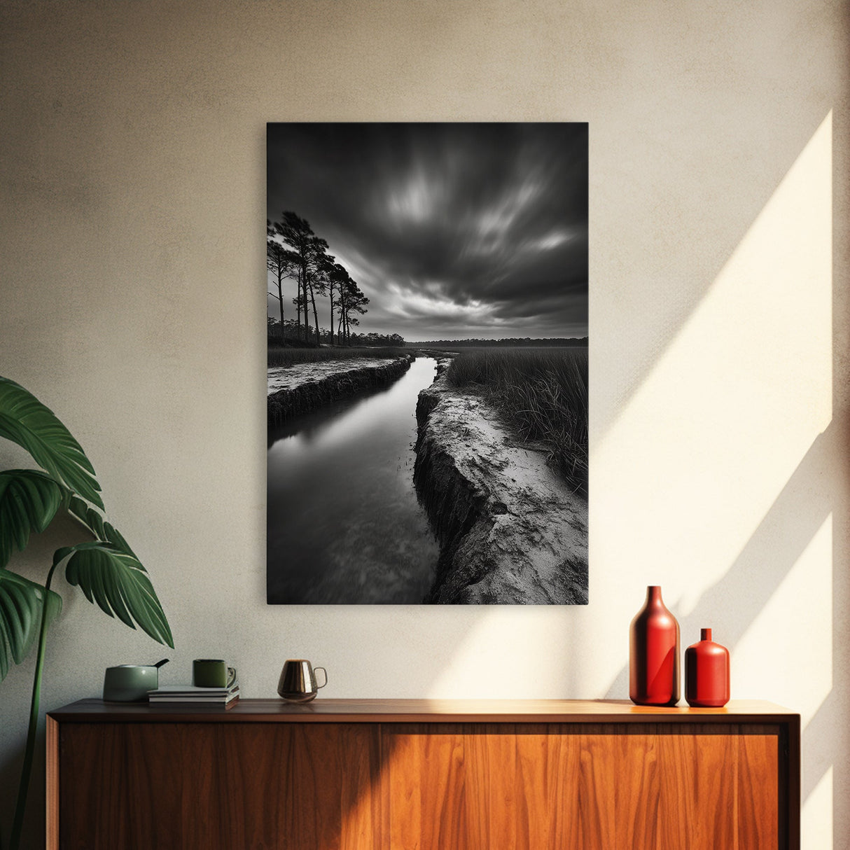 Misty Marsh Path, Moody Landscape, Nature Wall Decor, Living Room Art, Canvas Print, Black and White Photography, Autumn Wall Art