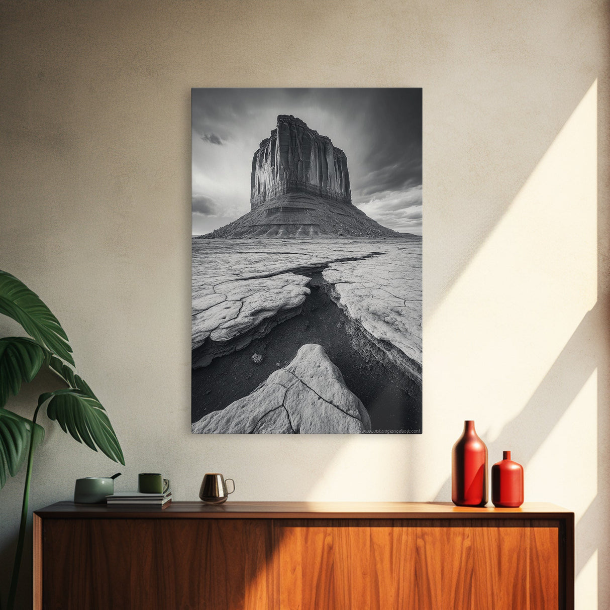 Monument Valley Cliff, Desert Rockscape, Framed Canvas Print, Western Wall Art, Office Decor, Black and White Photography