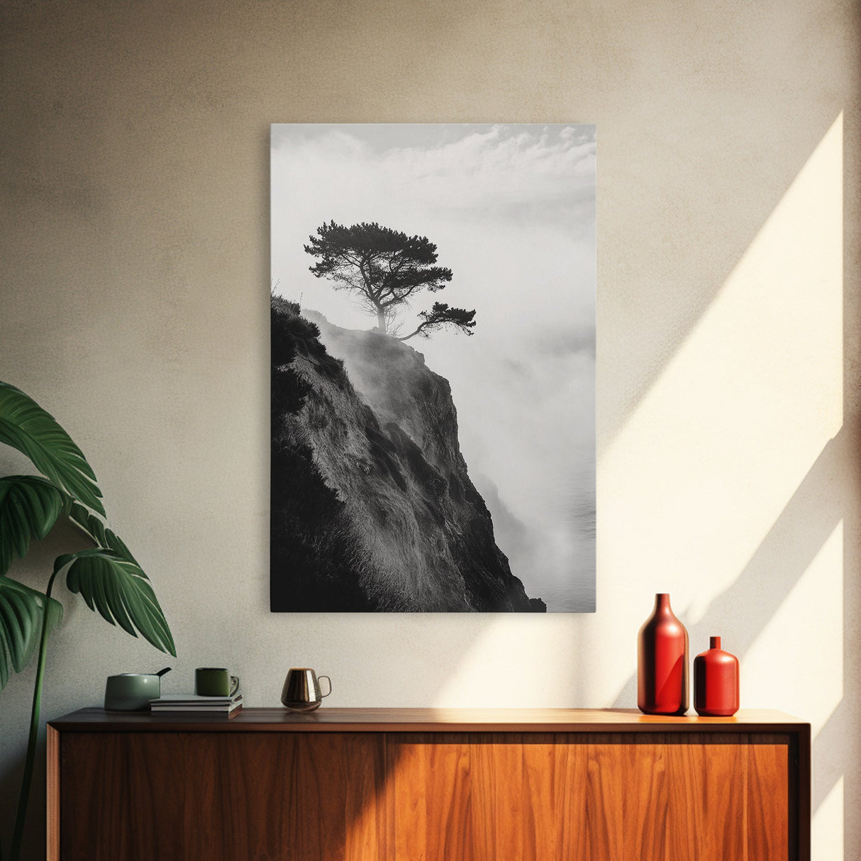 Lone Cliff Tree, Foggy Landscape, Nature Wall Decor, Framed Canvas Print, Minimalist Tree Art, Tranquil Living Room Wall Art