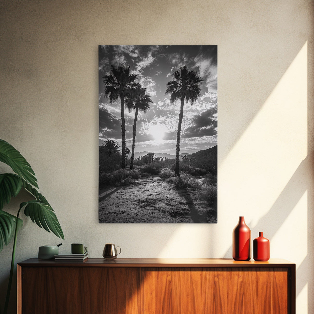 Palm Sunset, Desert Light, Silhouetted Trees, Framed Canvas Print, Tropical Boho Wall Art, Sunset Living Room Decor, Moody Nature Style