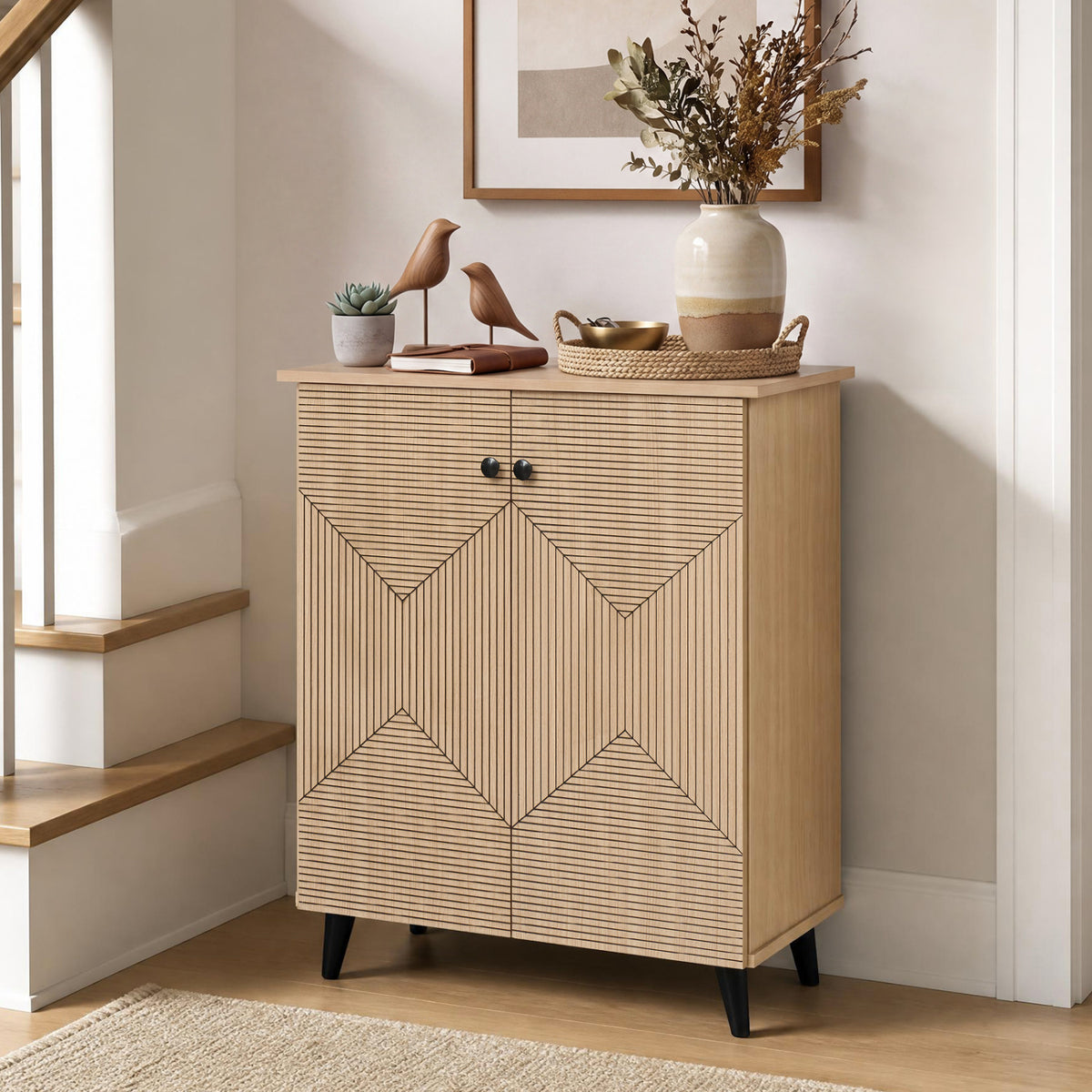 Highâquality 2âDoor Geometric Cabinet Freestanding Decorative Footwear Storage Unit with Carved Panels for Indoor Home Use-Natural