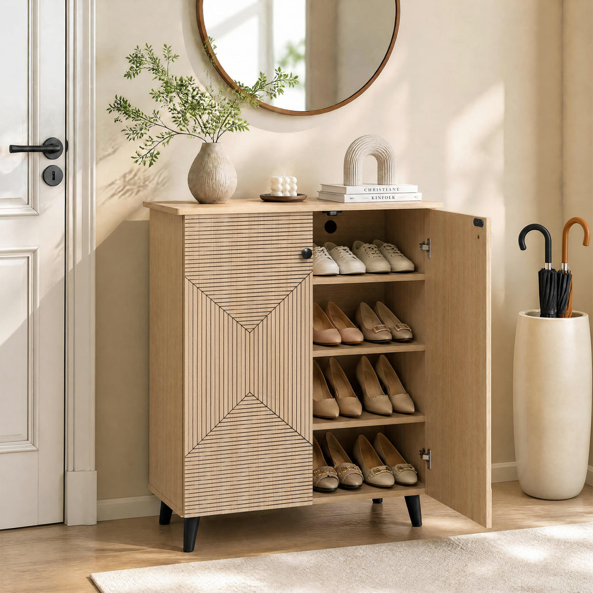 Highâquality 2âDoor Geometric Cabinet Freestanding Decorative Footwear Storage Unit with Carved Panels for Indoor Home Use-Natural