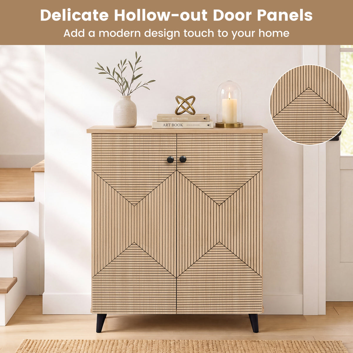 Highâquality 2âDoor Geometric Cabinet Freestanding Decorative Footwear Storage Unit with Carved Panels for Indoor Home Use-Natural