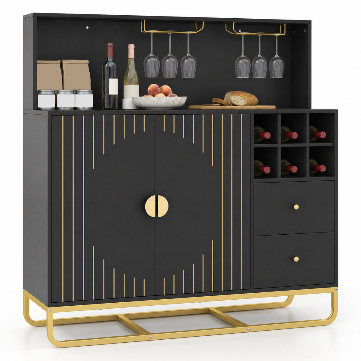 Home Bar Cabinet with Wine Rack Glass Holder and Adjustable Shelf