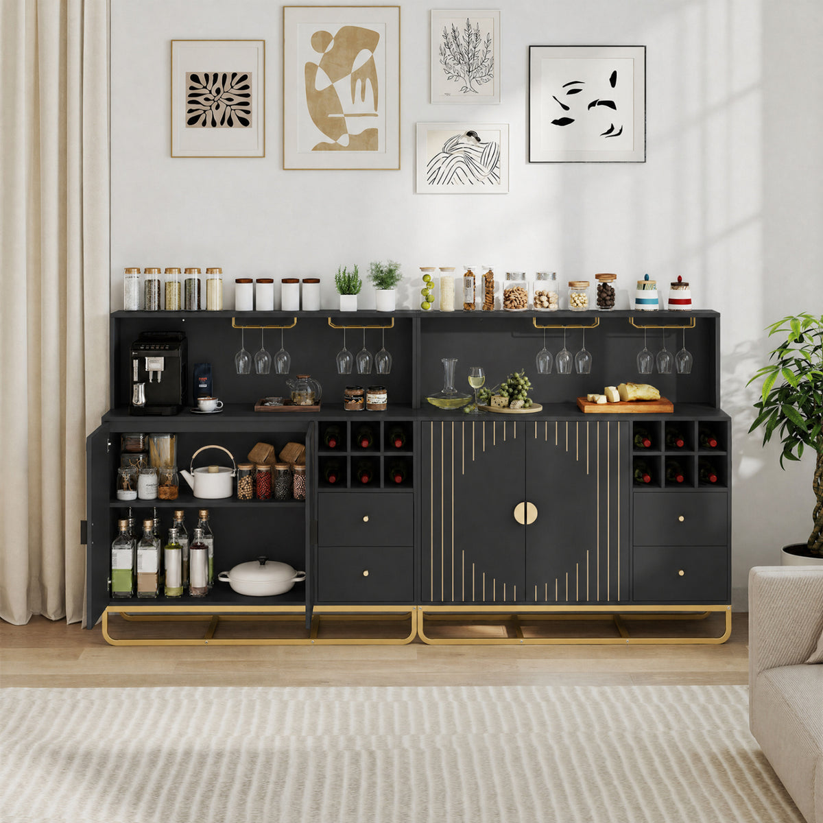 Home Bar Cabinet with Wine Rack Glass Holder and Adjustable Shelf