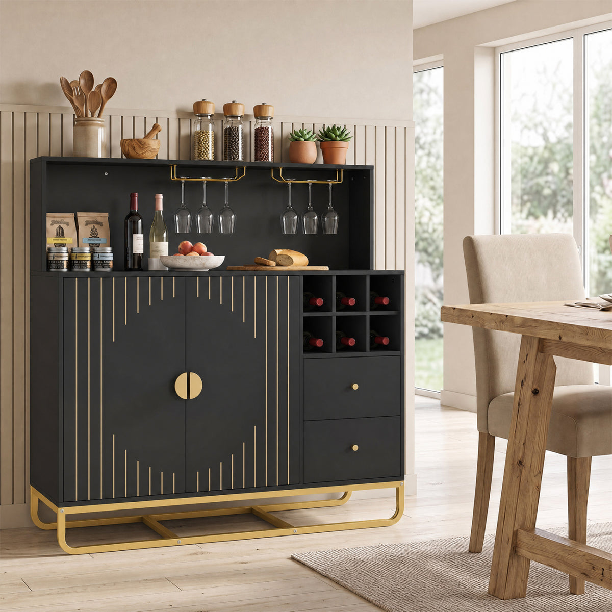 Home Bar Cabinet with Wine Rack Glass Holder and Adjustable Shelf