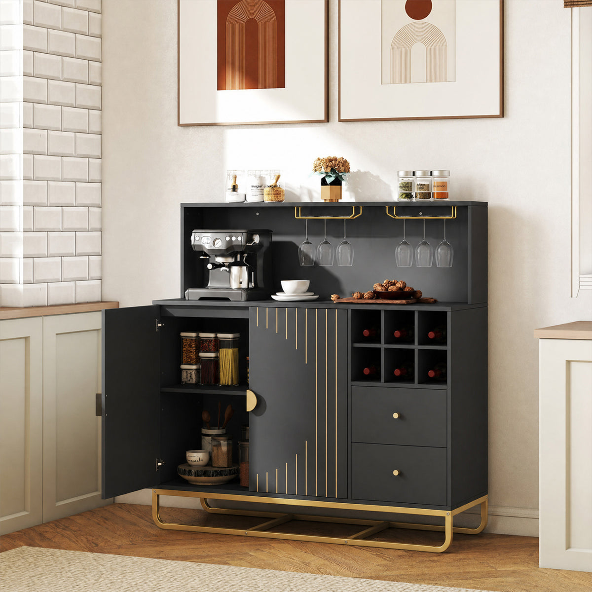 Home Bar Cabinet with Wine Rack Glass Holder and Adjustable Shelf