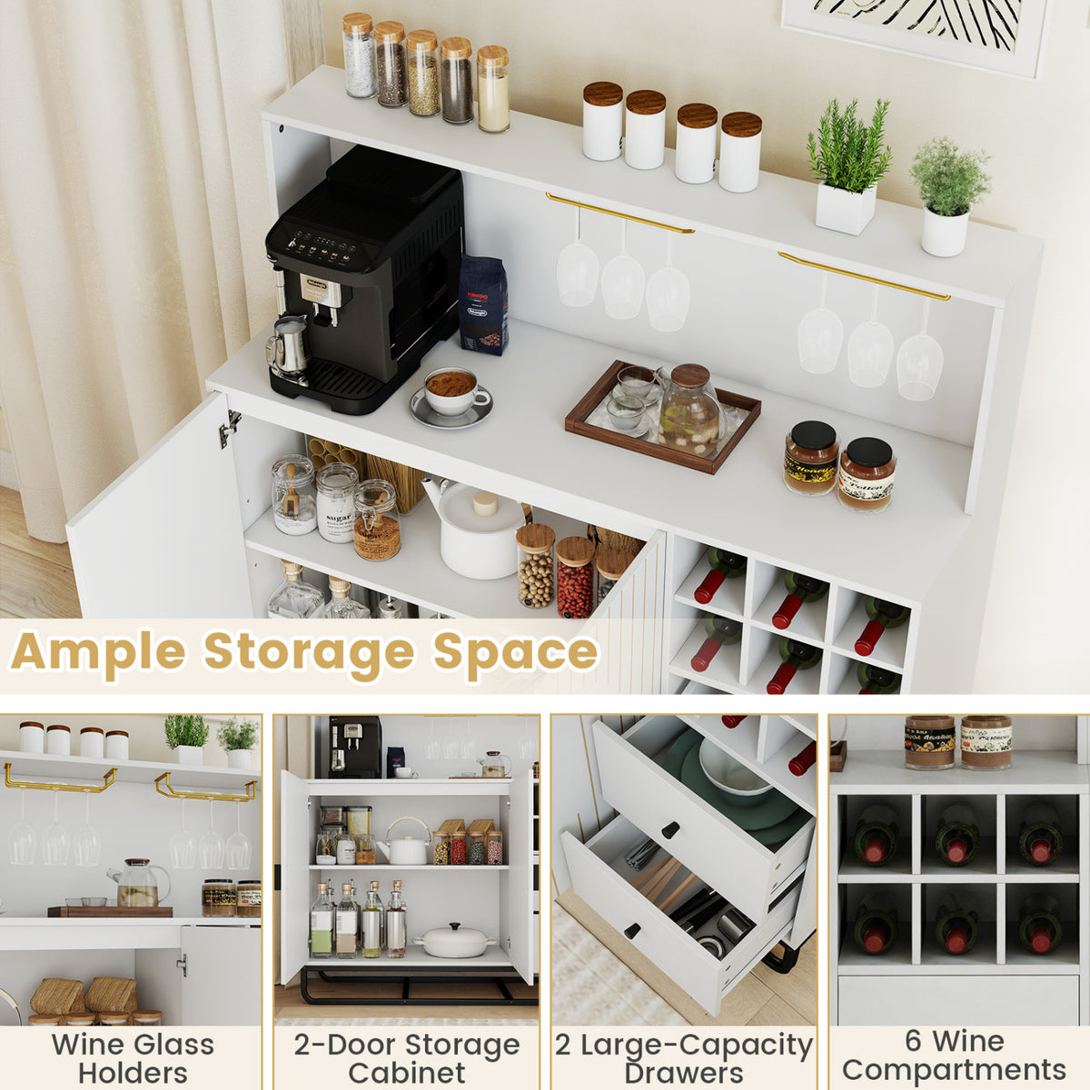 Home Bar Cabinet with Wine Rack Glass Holder and Adjustable Shelf