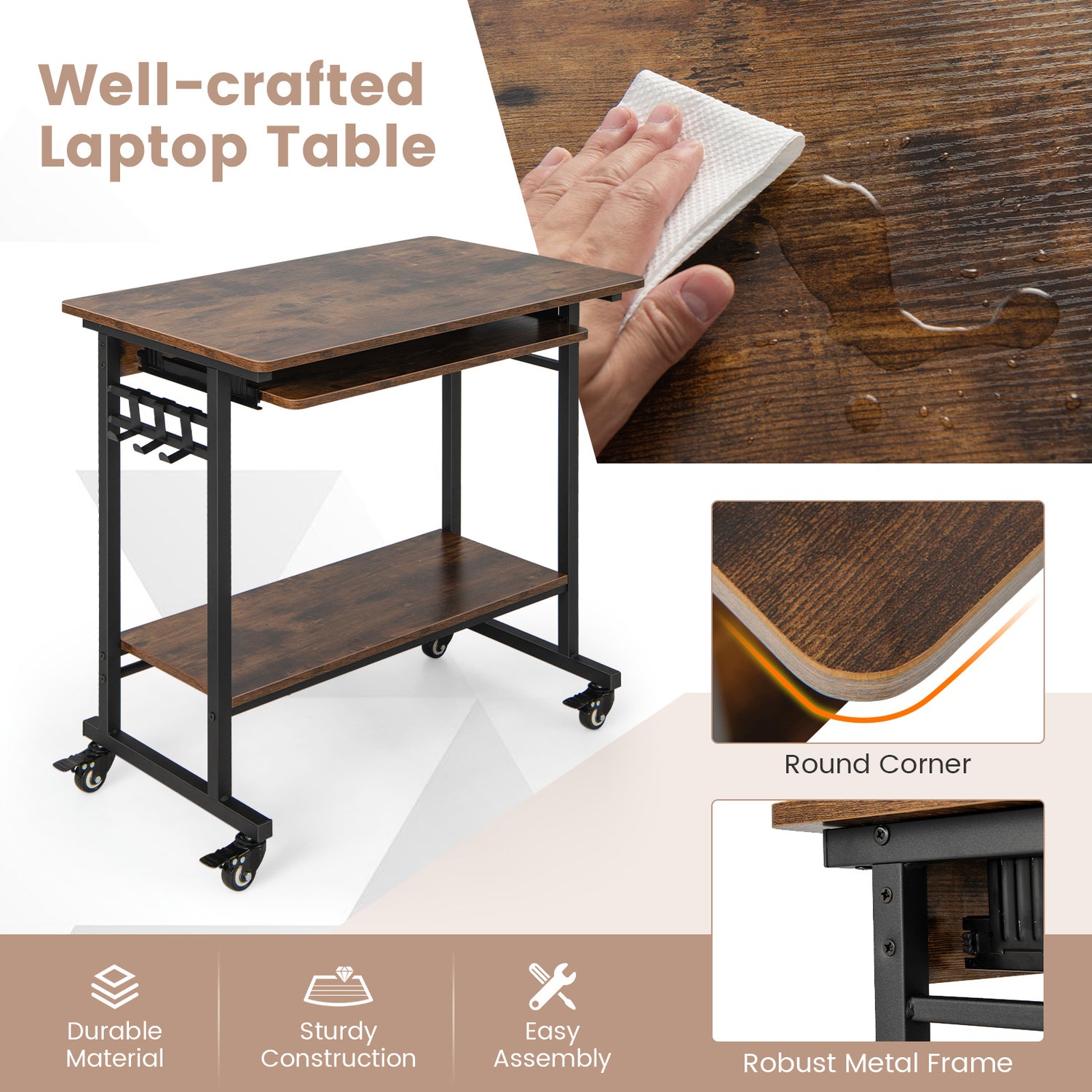 Home Office Computer Desk Cart with Pull-out Keyboard Tray-Rustic Brown