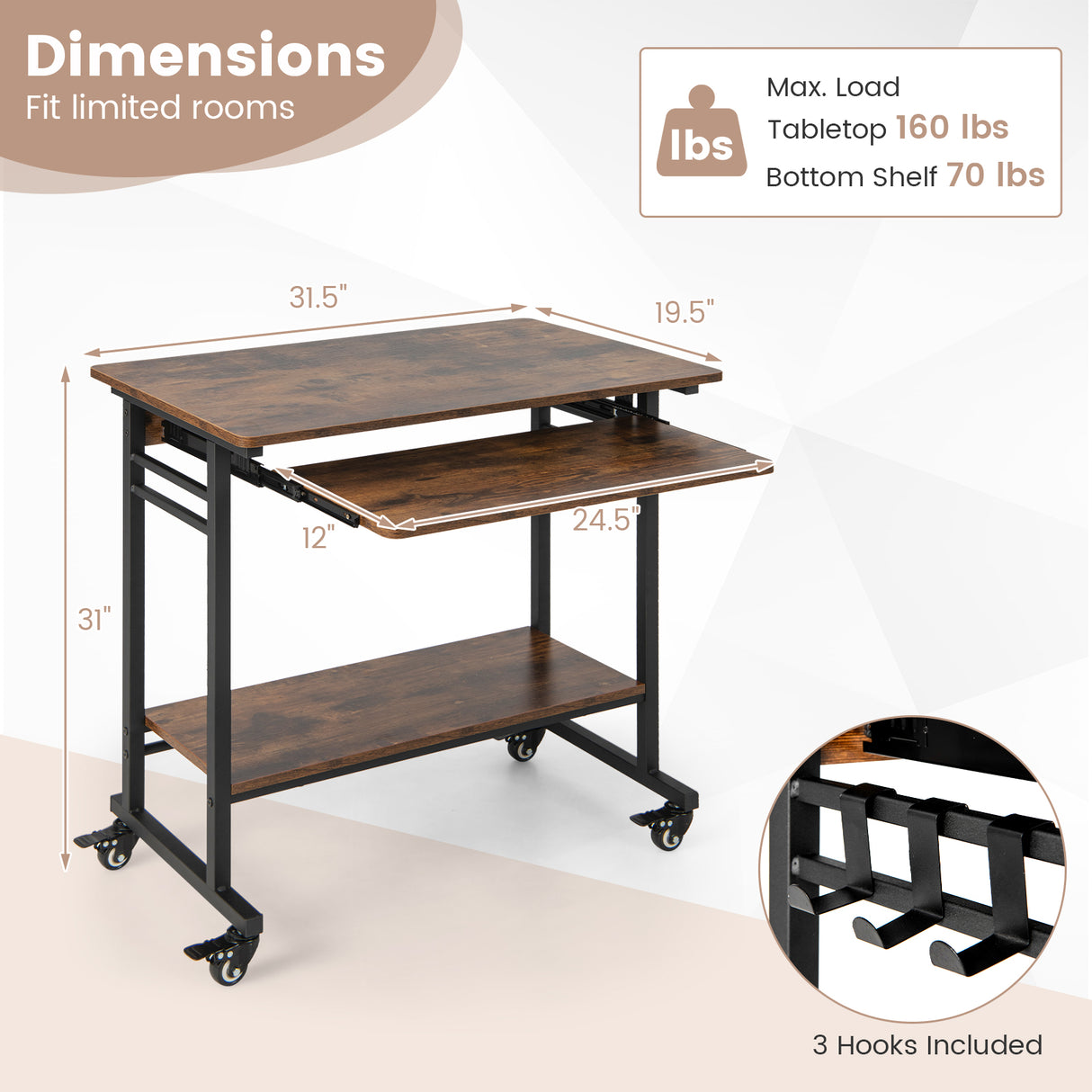 Home Office Computer Desk Cart with Pull-out Keyboard Tray-Rustic Brown