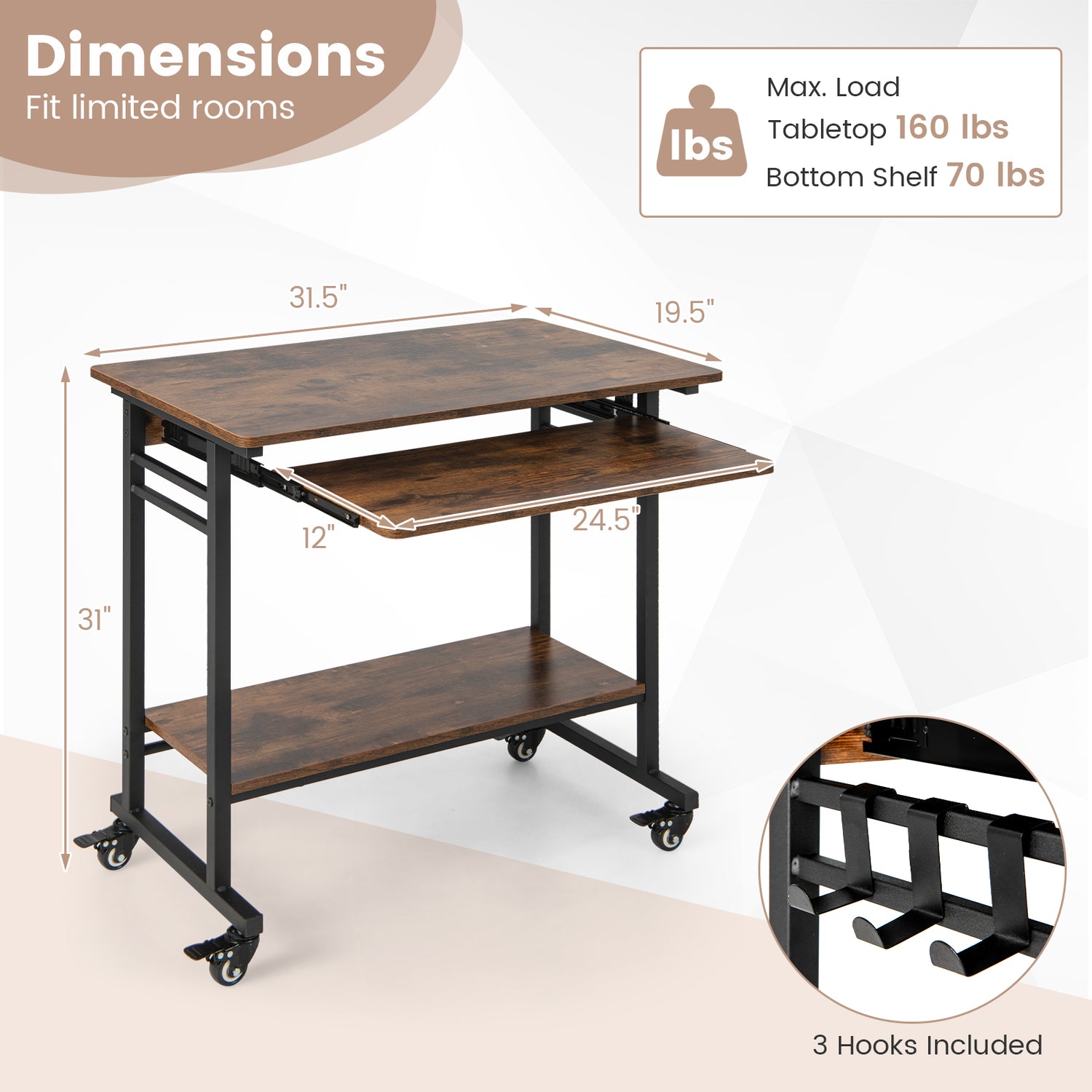 Home Office Computer Desk Cart with Pull-out Keyboard Tray-Rustic Brown