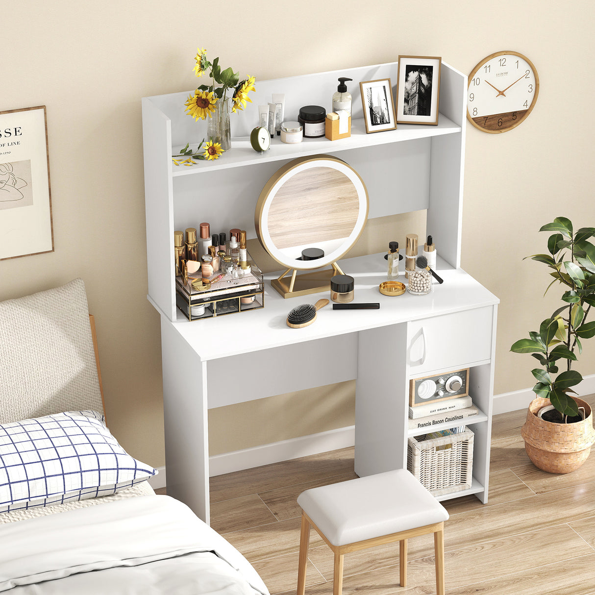 Home Office Desk with Raised Display Shelf and 2 Open Shelves