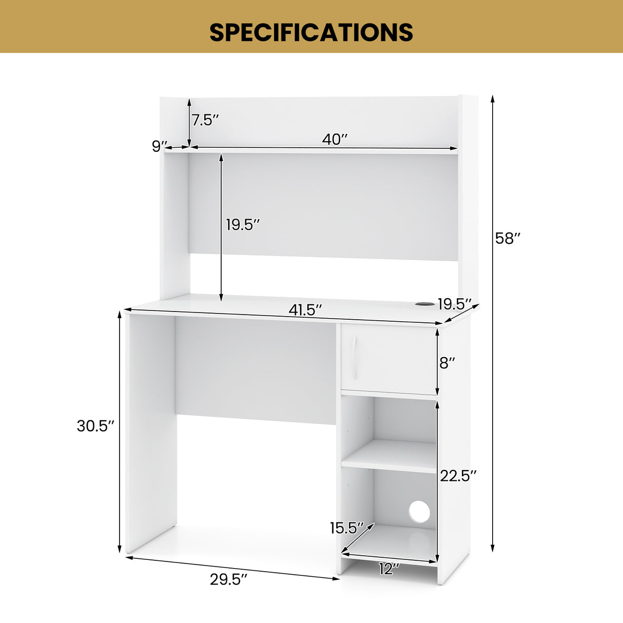 Home Office Desk with Raised Display Shelf and 2 Open Shelves