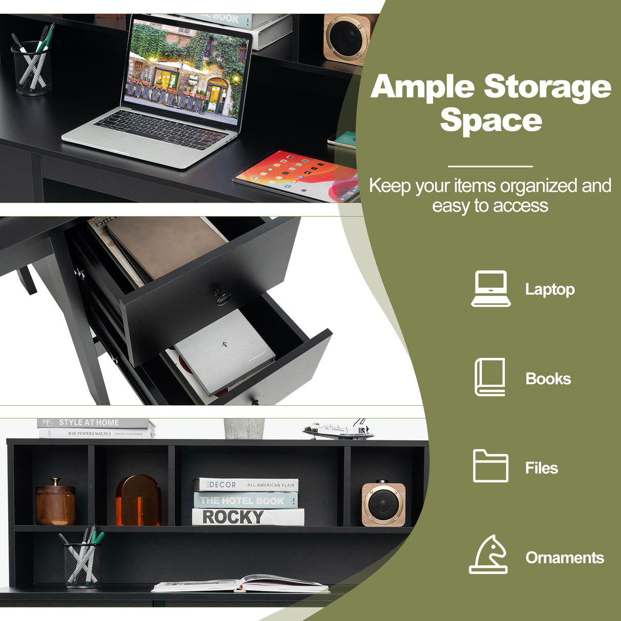 48 Inch Computer Desk with Drawers Power Outlets-Black
