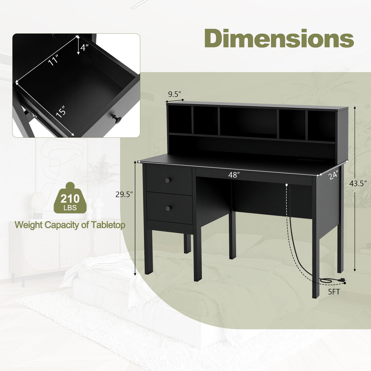 48 Inch Computer Desk with Drawers Power Outlets-Black