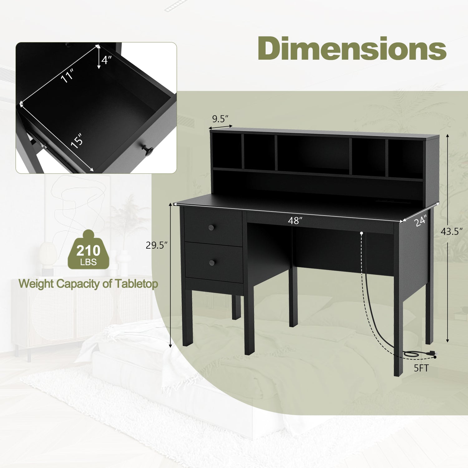 48 Inch Computer Desk with Drawers Power Outlets-Black