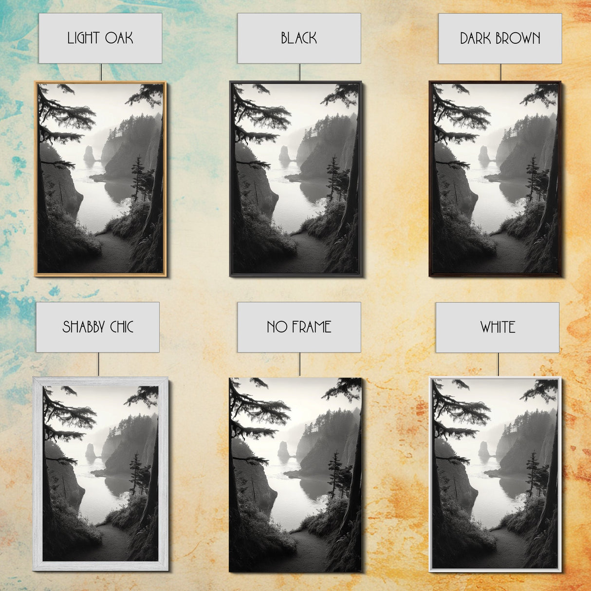 Forest Cliffs, Ocean Pathway, Misty Coast, Woodland Escape, Framed Canvas Print, Cabin Wall Art, Nature Trail Aesthetic, Autumn Mood Art